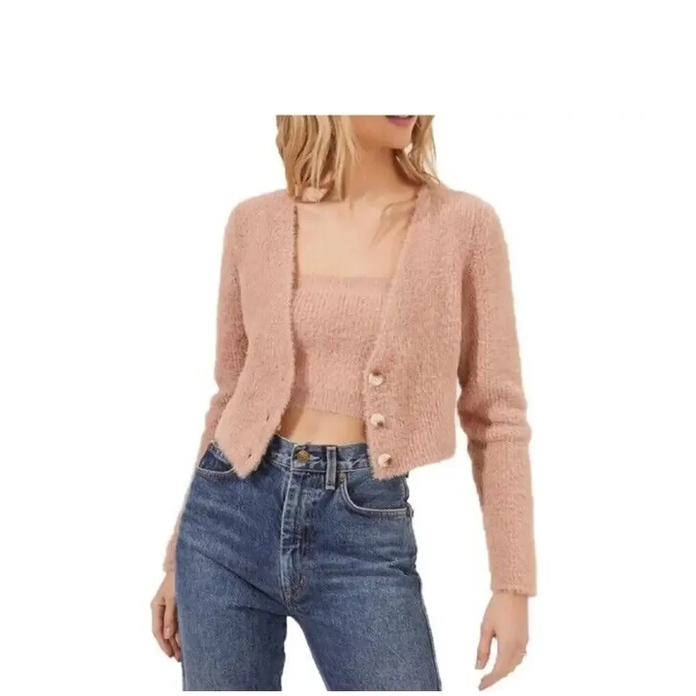 ASTR The Label Lorain Cardigan Womens Medium Pink Clay Fuzzy Cropped Timeless